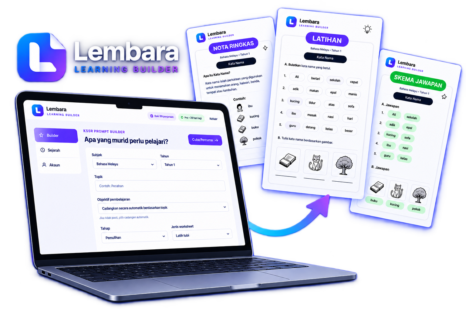 Paparan Lembara Learning Builder bersama nota, latihan dan skema jawapan